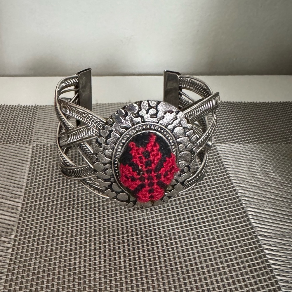Silver and Red Leaf Cuff Bracelet